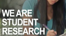 Woman writing in journal. Headline: We are Student Research